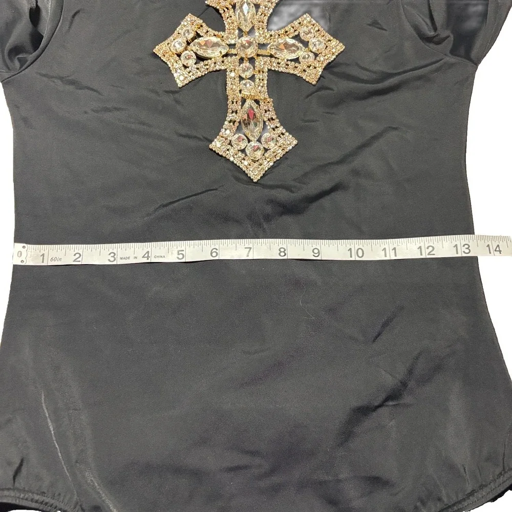 Nylon Spandex Leotard Dance Bodysuit Black +‎ Rhinestone Cross Turtleneck MA